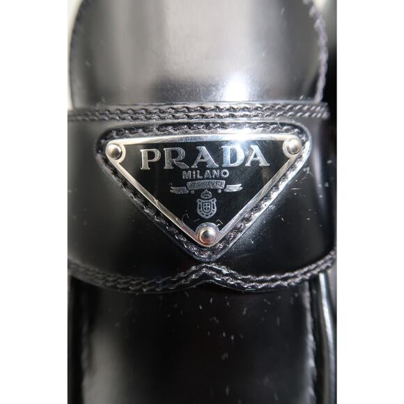 Prada Leather Monolith Triangle Logo Platform Brushed Loafers Black Size 37.5 - Picture 8 of 11